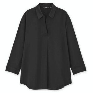 Uniqlo Black Rayon Skipper Collar Tunic Blouse